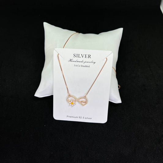 Women’s Infinity Daisy & Heart Pendant 925 Sterling Silver Chain – Rose-Gold CZ Elegance