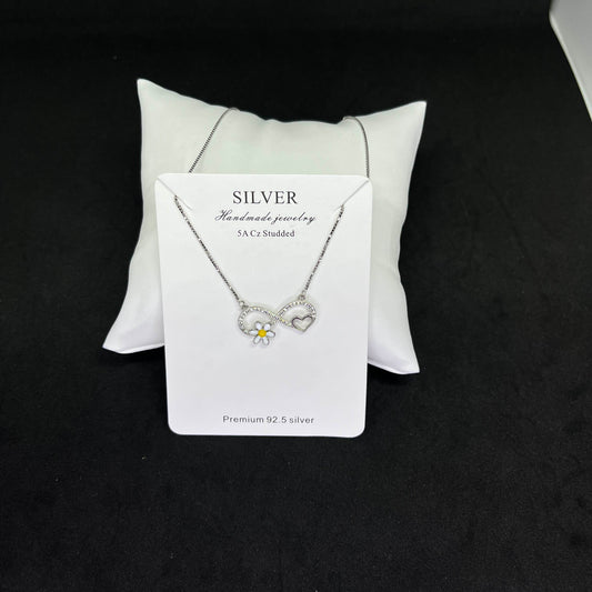 Women’s Infinity Heart & Daisy Pendant 925 Sterling Silver Chain – CZ Studded Elegance